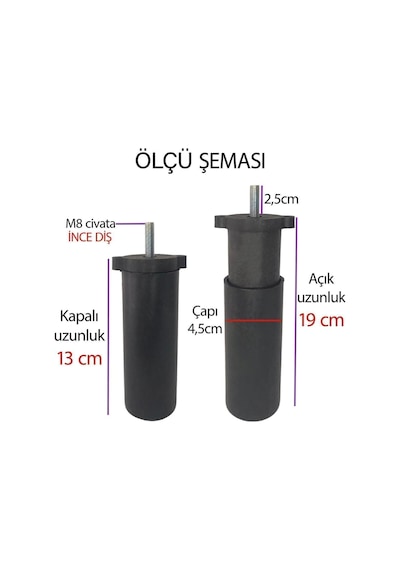 2 Adet Ayarlı Destek Ayağı 13 X 19 Cm Siyah Gizli Ayak M8 Civata Incediş Mobilya Kanepe Baza Koltuk Diğer