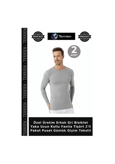 Terrien Özel Üretim Erkek Gri Bisiklet Yaka Uzun Kollu Fanila Tişört 2'li Paket Puset Günlük Giyim Tekstil Gri 2