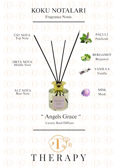 Therapy Smell, Angels Grace - Lüks Çubuklu Oda Kokusu / 120 Ml / Extra Clear Silindir Cam Şişe / Platform Altın Kapak Oryantal