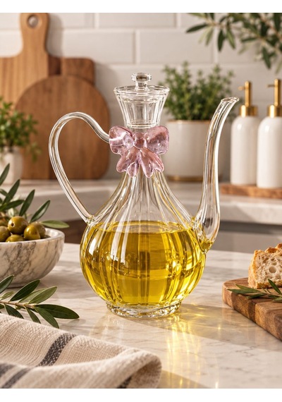 Qerhome Pembe Fiyonk Tasarımlı Borosilikat Cam Glorry Yağlık Veya Sirkelik 750 Ml 1 Adet Çizgili Tasarım Şeffaf