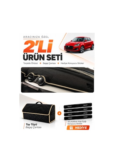 Suzukı Swift 2017-2020 Uyumlu Torpido Örtüsü + Tay Tüyü Bagaj Çantası + Sticker Seti - Siyah Bej