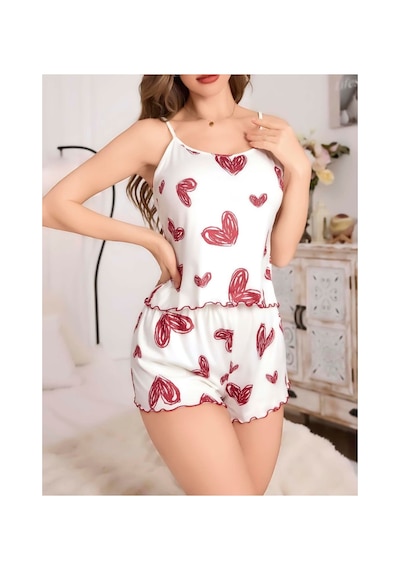 Ruselin Kadın Kalp Desenli Şortlu Gecelik Pijama Takımı-beyaz-l/xl - 9037705820030