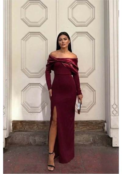 Alfa Aksesuar 03 Esnek Yırtmaçlı Abiye Elbise Saten Carmen Yaka Kumaş Bordo
