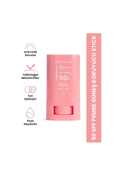 Bade Natural Ton Eşitleyici ve Yüksek Koruyucu Pembe Stick Güneş Kremi SPF50 16 G