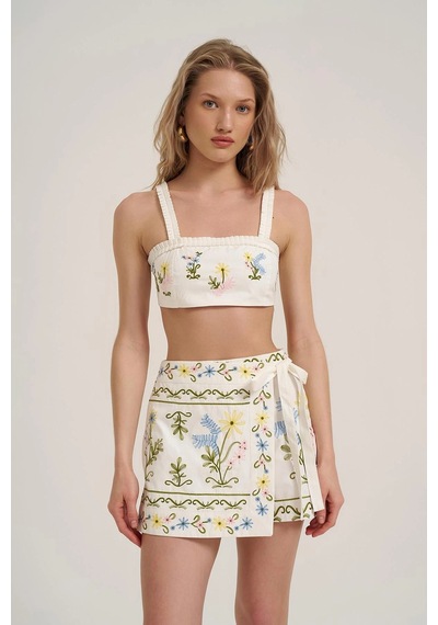 Ollacollection Nakış Detaylı Crop Bluz Ekru