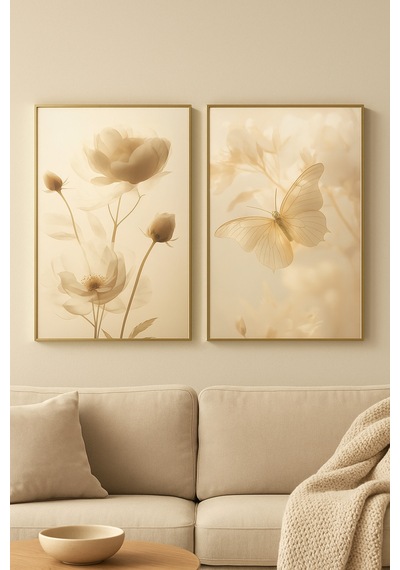Auré Gerçek Cama Baskı Gold Alüminyum Metal Çerçeveli 2'li Modern Tablo