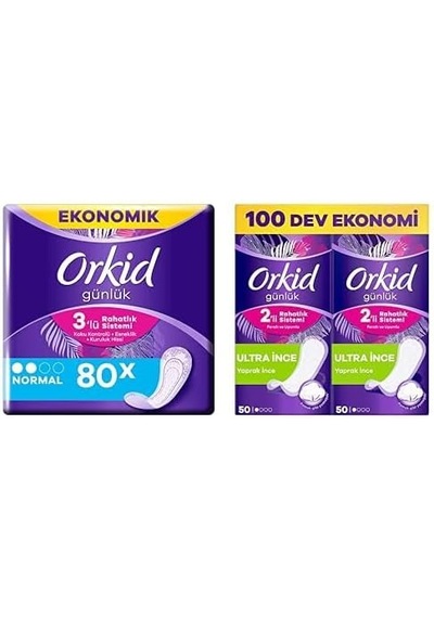 Orkid Günlük Ped Normal Dev Ekonomi Paketi 80 Ped Ve Orkid Yaprak Günlük Ped Normal Dev Ekonomik Paket 100 Ped