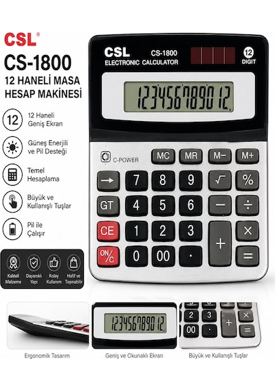Hesap Makinesi Gri Siyah 11.5x14 Cm 1 Adet Csl Cs-1800 12 Haneli Orta Boy Ofis Büro Masaüstü Hesap Makinası