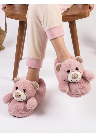 Altın Pabuç Kadın Hayvanlı Panduf Sıcak Tutan Peluşlu Rahat Yumuşak Kışlık Ayıcıklı Ev Terliği Pandifi Ve Botu Pembe