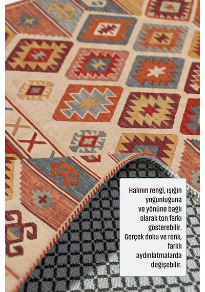 Dekoratif Halı Kaymaz Taban Leke Tutmaz Yıkanabilir Kilim Özel Ölçü Salon Halısı 3052 Çok Renkli