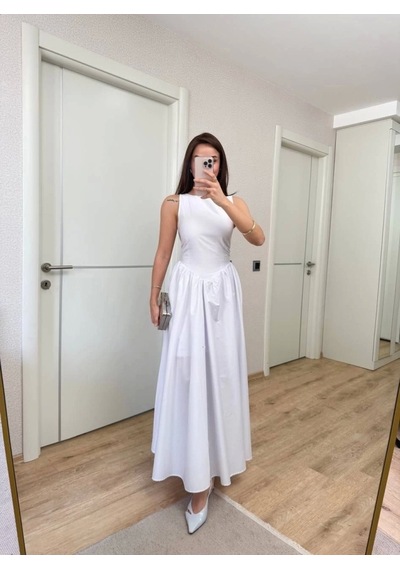 Defymoda Sifir Kol Beli Oturtmalı Kolsuz Uzun Elbise - Beyaz Beyaz