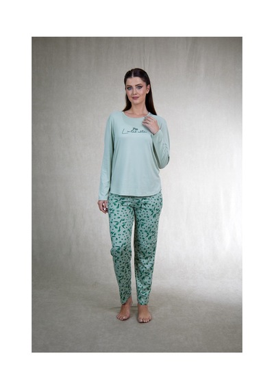 Estiva Kadın Flora Alt Desenli Soft Uzun Kollu Pijama Takımı Yeşil