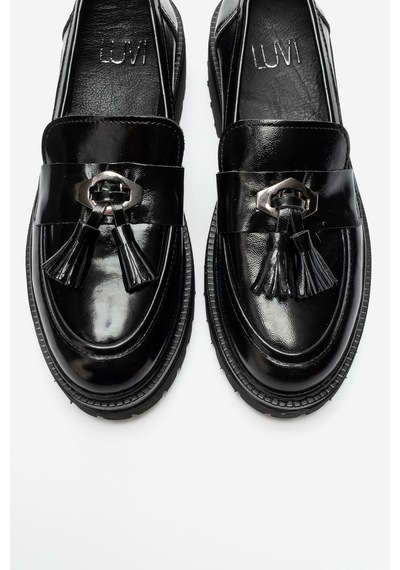 Luvi Shoes Marsy Siyah Rugan Hakiki Deri Püsküllü Kadın Loafer Ayakkabı