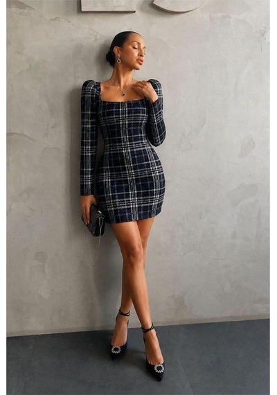 Kadın Trend Tasarım Kare Yaka Mini Uzun Kollu Elbise Saks