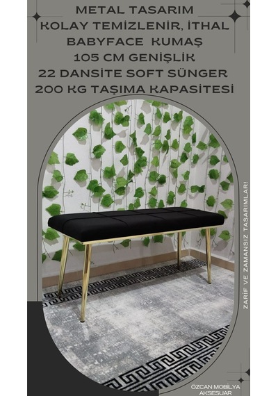 Özcan Metal Gold Metal Ayaklı Metal Kasalı Bench Mutfak Salon Antre Yatak Odası Balkon Puf Bank Siyah