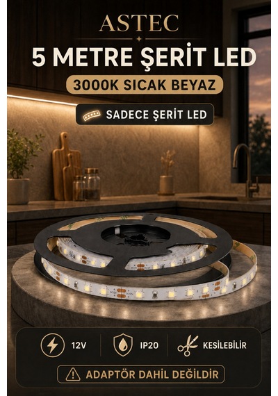 Astec 12v Şerit Led 5 Metre / 10 Metre Yapışkanlı Kesilebilir İç Mekân Aydınlatma Trafo Hariç Bütün Renkler