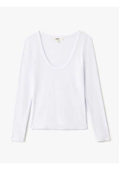 Koton Pamuklu Uzun Kollu U Yaka Slim Fit Fitilli Tişört Beyaz 5sak50232ek