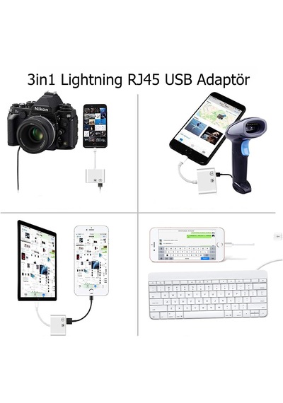 Kb-10 Apple iPhone Uyumlu Lightning 3ın1 Ethernet Rj45 Ve Usb Kamera Adaptörü