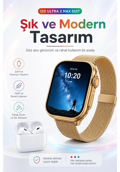 2.3 İnç Geniş Ekranlı Akıllı Saat Ve Kablosuz Kulaklık 10 Parça Aksesuar Seti