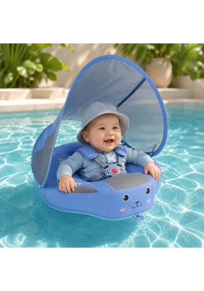 Mambobaby Yüzme Simidi - Classic Blue, Emniyetli, Gölgelikli Ve Ayak Destekli