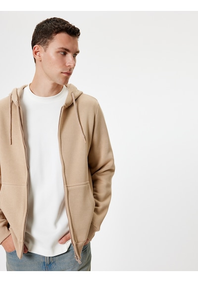 Koton Fermuarlı Sweatshirt Kapşonlu Cep Detaylı Pamuk Karışımlı Bej 5wam70016mk Ekru
