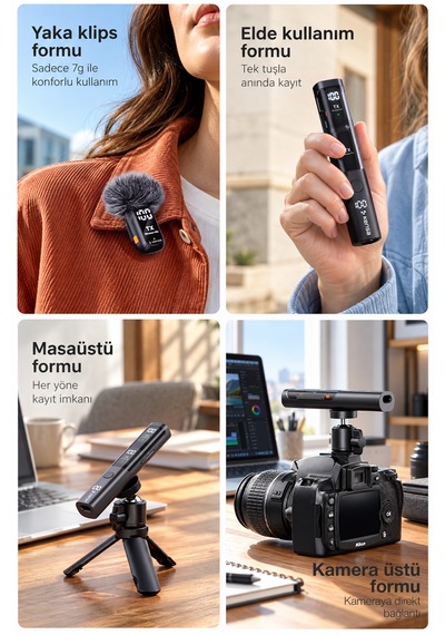 Kensa Kablosuz Yaka Mikrofonu Çift Mikrofon Type-c 4'ü 1 Arada Masa Mikrofonu Aı Gürültü Engelleme