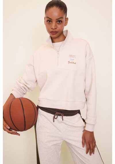 DeFacto Fit NBA Chicago Bulls Yarım Fermuarlı Kadın Sweatshirt - Ekru D6123AX25SPER218