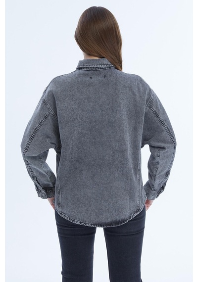 Selectmoda Kadın Çift Cepli Çıtçıt Kapamalı Oversize Kot Gömlek Antrasit