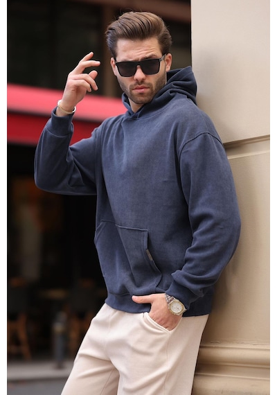 Madmext Füme Kapüşonlu Cep Detaylı Dokulu Sweatshirt E7101 Füme