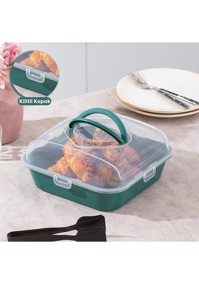 Porsima 1095 Yeşil Pasta Kek Börek Kabı - Taşıma Çantası - Kilitli Fanus Diğer
