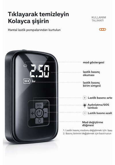 Taşınabilir Dijital Lastik Şişirme Pompası 4 Modlu Led Ekranlı Çok Amaçlı Hava Kompresörü Araba, Motosiklet, Bisiklet Ve Top Uyumlu