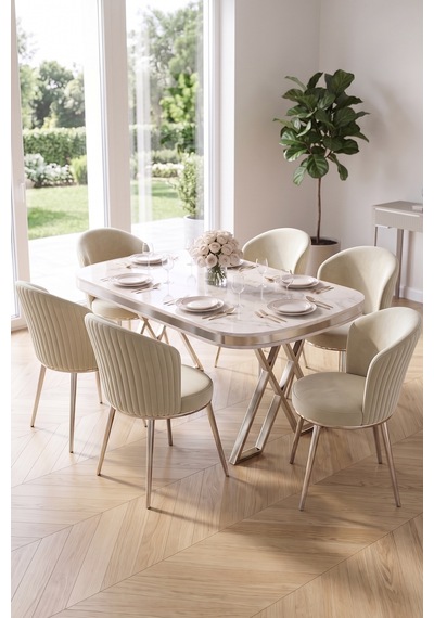 Nisare Serisi 90x168 Lak Panel Beyaz Mermer Masa Takımı Krom Ayaklı 6 Sandalye Beyaz Mermer Masa Krem Sandalye Krom Ayak Nisare Serisi 90x168 Lak Panel Beyaz Mermer Masa Takımı Krom Ayaklı 6 Sandalye Beyaz Mermer Masa Krem Sandalye Krom Ayak