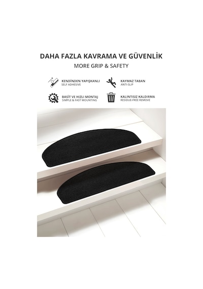 Yarım Ay Bukle Halıdan Ekonomik Basamak Ve Merdiven Paspası 16'lı - Siyah Null