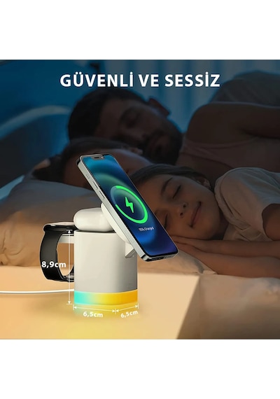 3in1 15w Apple iPhone   Uyumlu AirPods Watch Kablosuz Şarj Cihazı Rgb Işıklı T15