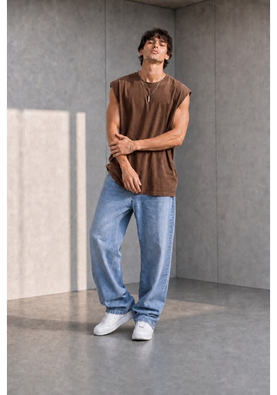 Thiff Erkek Oversize Kolsuz T-shirt Tişört Atlet Kahverengi