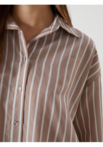 Lcw Modest Kahverengi Çizgili Oversize Kadın Gömlek Tunik