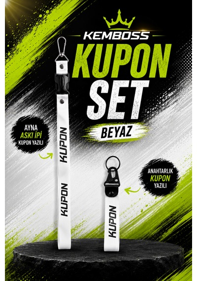 Kupon Yazılı Ayna Askı İpi Ve Kumaş Anahtarlık Seti Beyaz Araç Aksesuarı Beyaz Kupon Baskılı 2'li Set