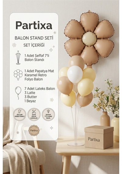 Papatya Mat Karamel Retro Balon Stand Seti Şeffaf 7 Li Stand + Papatya Folyo Balon + 7 Lateks Balon