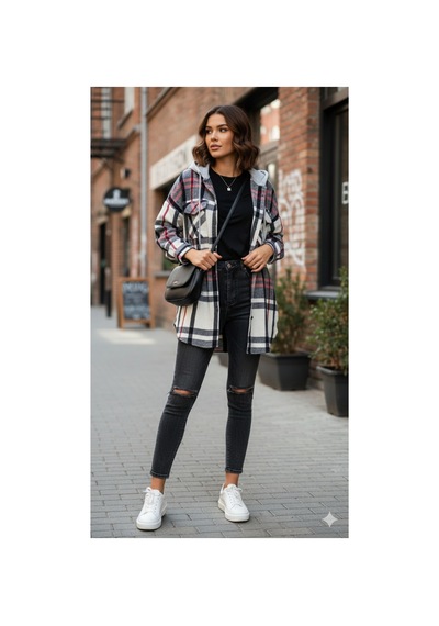 Polologin Butik Kapüşonlu Ekose Gömlek Ceket - Siyah/beyaz/kırmızı Desenli Lacivert