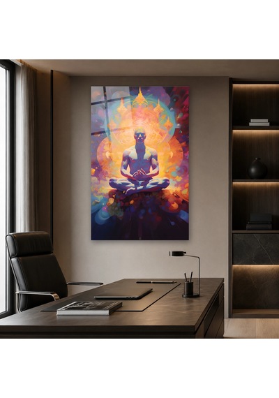 Renkli Aurada Lotus Meditasyonu Çerçevesiz Cam Tablo