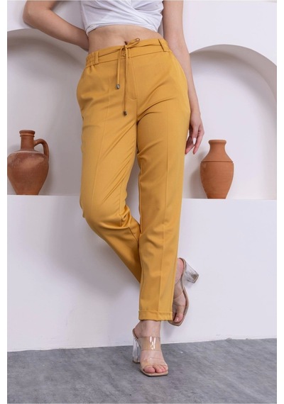 Lodmela Bağlama Detaylı Beli Lastikli Kadın Kumaş Pantolon 326-sarı Sarı
