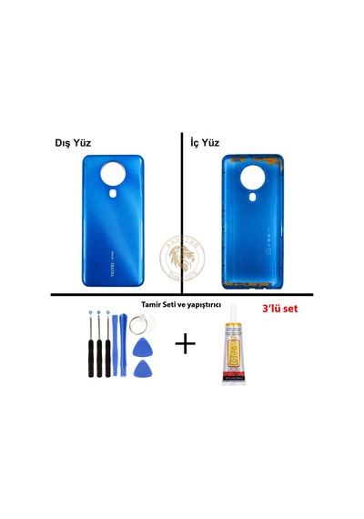 Tecno Spark 6 Mavi Uyumlu Arka Kapak + Yapıştırıcı Ve Vida Seti Arka Cam Batarya Pil Kapağı Diğer