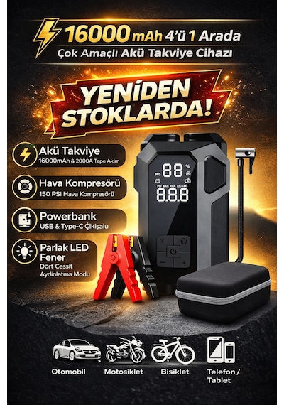 Merwish 16000mah 4'ü 1 Arada Akü Takviye Cihazı 2000a Hava Kompresörü Powerbank Led Fener Dijital Ekran Çantalı