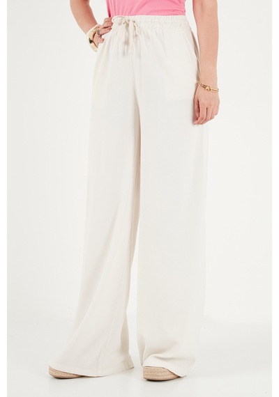 Lela Pamuklu Relaxed Fit Yüksek Bel Geniş Paça Pantolon Bayan Pantolon 668yp5559 Ekru