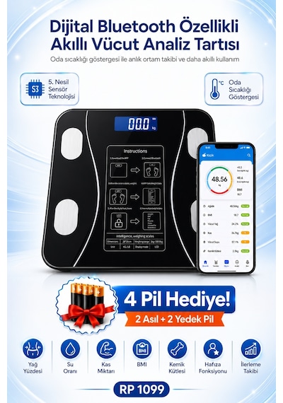 Repai Akıllı Baskül Vücut Analizli Yağ Su Kas BMI BMR Ölçer Dijital Tartı