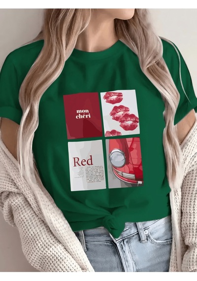 Uyguntarz Unisex Red Mon Cheri Baskılı Tasarım Tshirt Yeşil