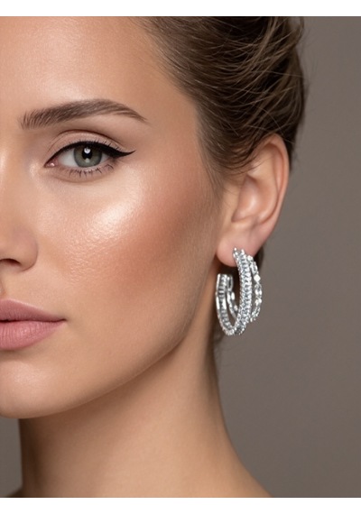 İkili Yarım Halka Model Zirkon Taşlı Antialerjik Vip Halka Silver Renk Küpe Antialerjik Silver