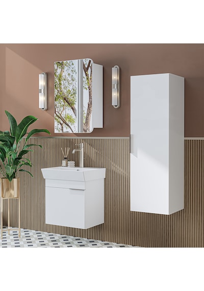 Likya Kapaklı Lavabolu 50 Cm Banyo Alt Dolabı + Üst Dolabı + Banyo Boy Dolabı Beyaz