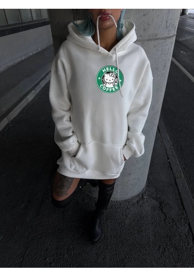 Valensdesign Üç İplik Penye Uzun Kol Kapşonlu Sweatshirt - Beyaz
