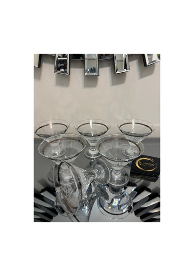 Ars Paşabahçe Gümüş Yaldızlı Dekorlu Ayaklı 6'lı Cam Kase Sunumluk, Şekerlik, Dondurmalık, Cup,çizgi